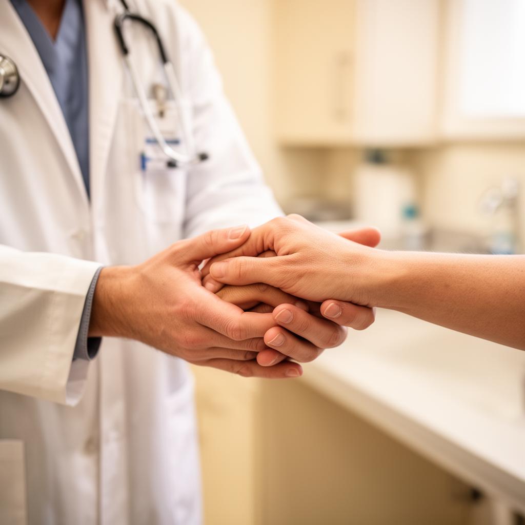 Doctor offering reassurance with a gentle handshake to a patient recovering from a car accident