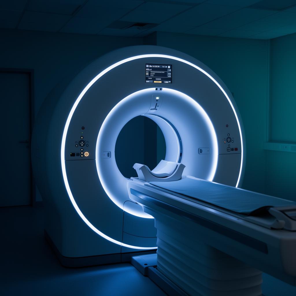 MRI scanner illuminated in soft blue light, used for post-accident diagnostic imaging